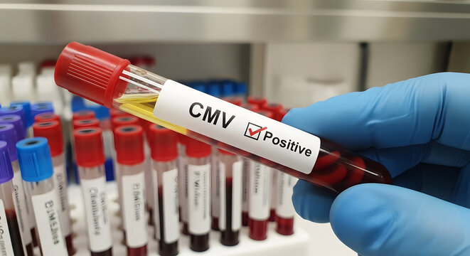 Hand in blue glove holding C M V positive blood sample tube test