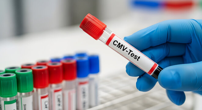 Hand in blue glove holding C M V Test blood sample tube with rack of vials image