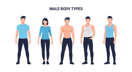 Fototapeta premium Infographic illustration displaying various male body types from average to athletic and muscular on a plain background.