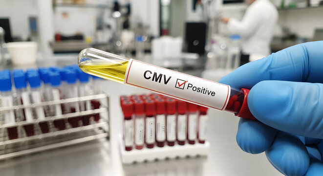 Hand in blue glove holds positive C M V test tube in laboratory blood medical