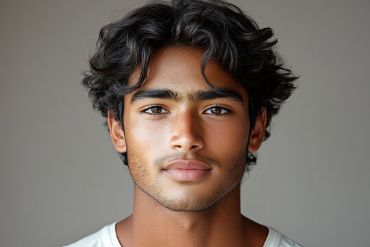 Portrait of a young ethnic man with curly black hair, warm brown skin, and expressive eyes against a neutral background.