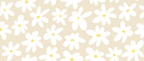 Fototapeta premium White flower seamless pattern on beige background. Cute hand drawn floral repeated wallpaper. Romantic blossom motif for textile print, fabric swatch, dress ornament, wrapping paper. Vector 