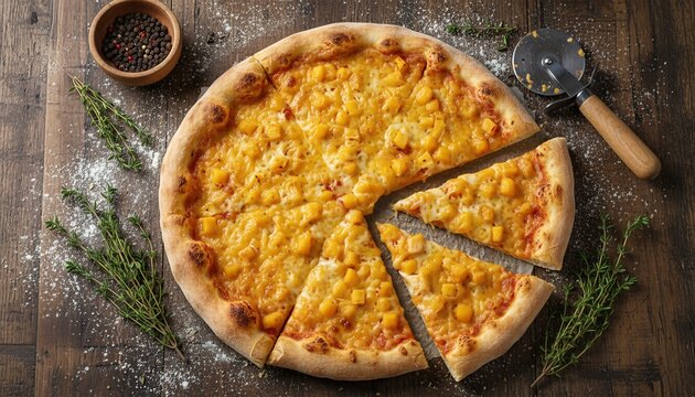 Rustic mac and cheese pizza on wood