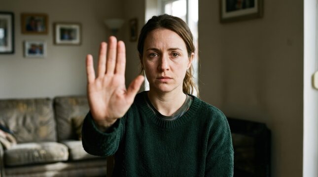 Young woman showing stop hand sign.