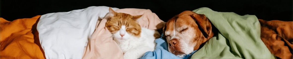 Obraz premium Cute cat and dog sleeping together under colorful blankets, peaceful kitten and puppy napping at home, cozy pet animal friendship for advertising