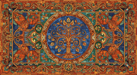 Obraz premium Vibrant Tree of Life Tapestry with Floral Patterns