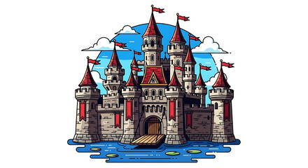 Naklejka premium Fantasy medieval castle on water with flags and bridge