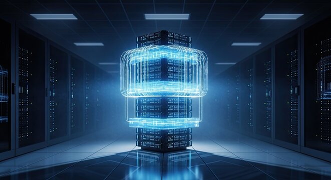 Glowing blue server tower in a dark data center with rows of computer servers and futuristic neon lighting