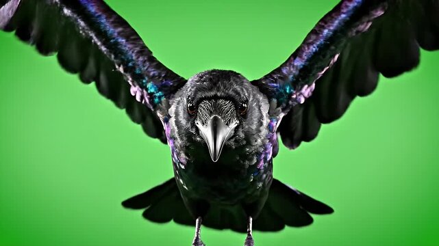 Crow Flying Towards Camera on Green Screen - A full-bodied crow is captured in flight, dramatically flying directly toward the camera. The bird is set against a bright green screen background.