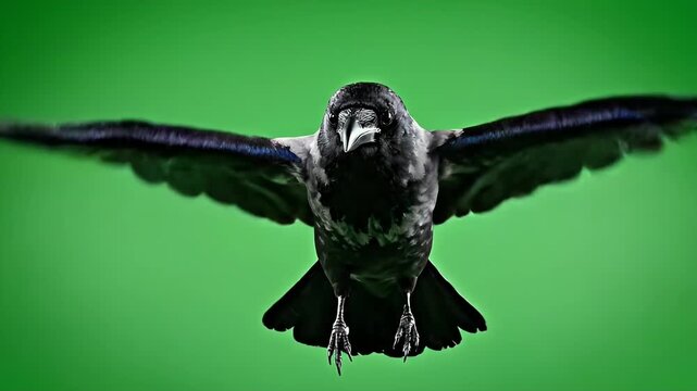 Crow Flying On Green Screen - A black crow is flying towards the camera with its wings fully extended. The bird is isolated against a green screen background, allowing for easy compositing.