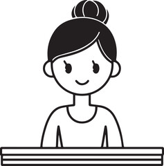 Obraz premium Hand Drawn Woman Sitting at Desk Black and White Avatar Illustration in Minimal Line Art Style Design