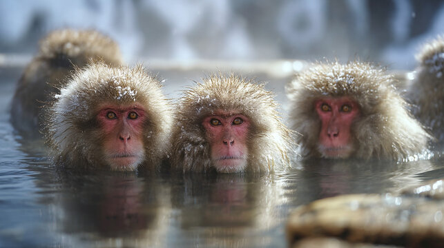 Three snow monkeys relax in a hot spring surrounded by snowy rocks