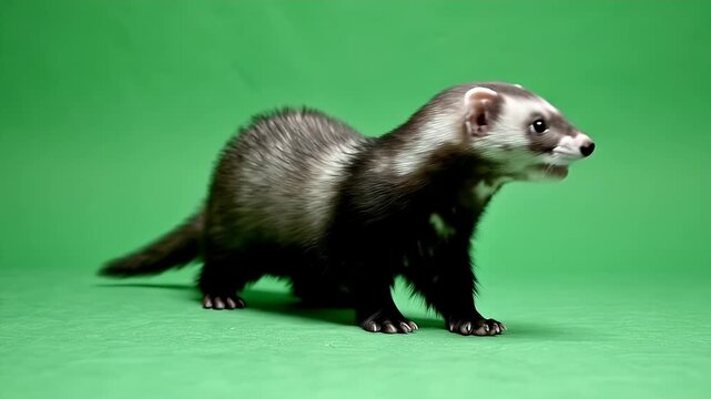 Ferret Sniffing on Green Screen - A curious ferret with black and grey fur is running and sniffing around on a green screen background. The ferret is in full body view and appears to be exploring.