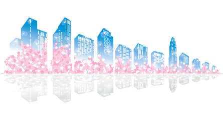 桜が咲く春の街並みイラスト.  © keko-ka