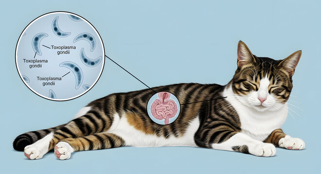 Tabby cat with magnified toxoplasma gondii and intestinal illustration animal parasite