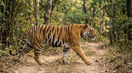 Fototapeta premium Tiger walking on forest dirt path.