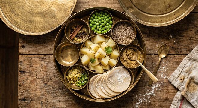 Flat lay of Indian Samosa ingredients and spices on a vintage brass texture