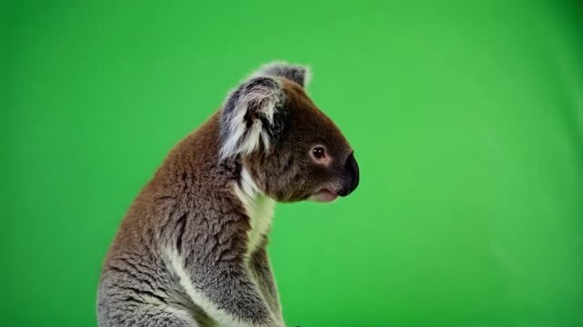 Cute koala bear with fluffy ears on green screen background