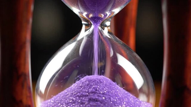 Close-up of purple sand flowing through an hourglass timer