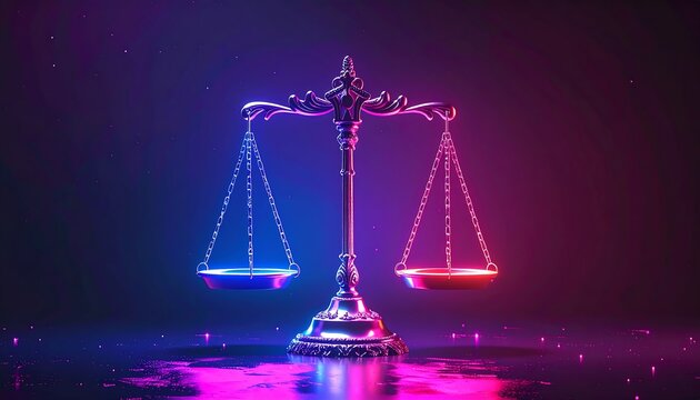 A balance scale with blue and pink neon lights on a dark background