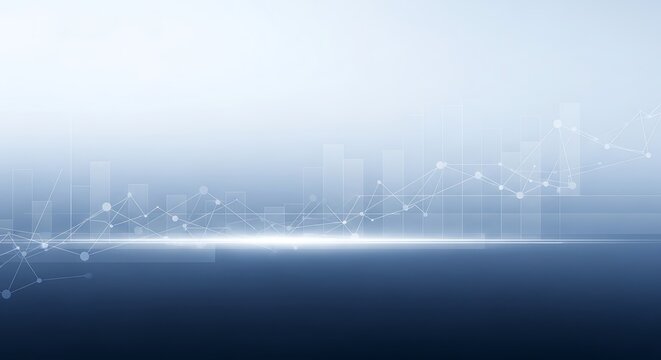 Abstract digital background featuring a rising trend line graph with connected nodes overlaying subtle bar charts against a blue and white gradient suggesting financial growth and future projections.