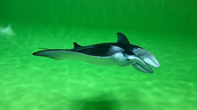 Manta Ray Gliding on Green Screen - A manta ray is gliding smoothly through the water, its full body visible against a green screen backdrop.