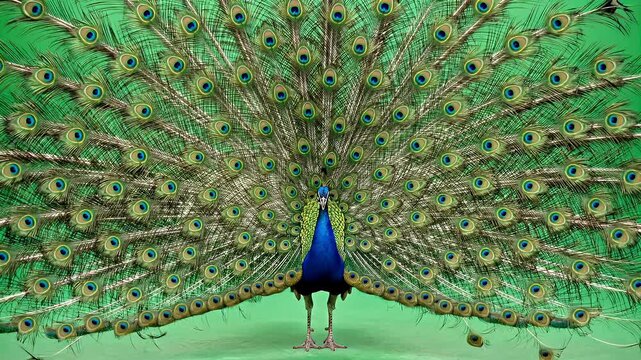 Peacock Tail Display on Green Screen - A stunning full-body shot of a peacock dynamically opening its tail feathers, set against a vibrant green screen.