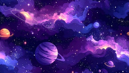 Naklejka premium Vibrant cosmic seamless pattern background with dreamy planets and sparkling stars, an ultra-detailed galaxy illustration