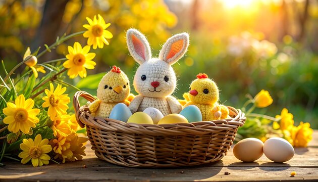 A basket filled with eggs and toys on a wooden table