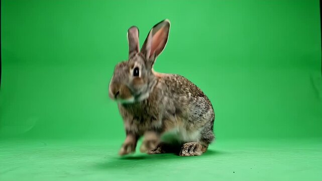 Rabbit Hopping in Place on Green Screen - A full body shot of a brown rabbit hopping rapidly in place on a green screen background.
