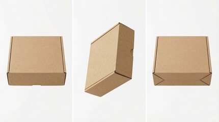 Cardboard boxes in different perspectives against a white background for packaging.