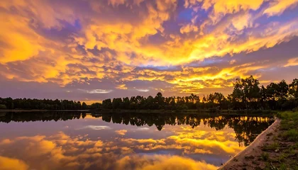 Poster Reflectie A serene lake at sunset with vibrant orange and purple clouds reflected on the water  © Oden