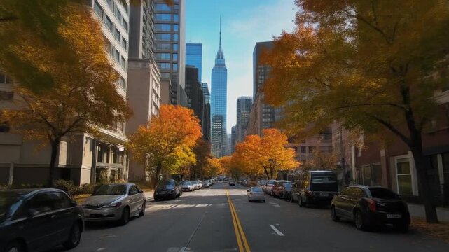 New York City Street View of Empire State Building in Autumn