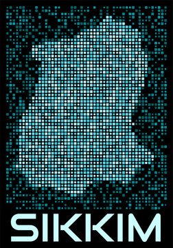 Sikkim, India digital dotted map. Shape of the state in cyan color palette on dark background. Futuristic Sikkim, India map design. Vector illustration.