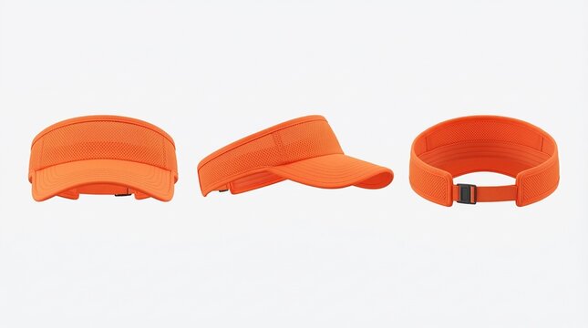 Orange visor hat isolated on white background, various perspectives.