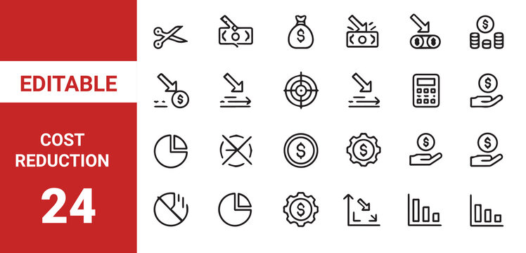 Cost Reduction icon set.Inflation collections editable stroke outline web icons set. Inflation rate, price increase, investment, energy, cost surge, 