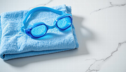 Blue swimming goggles rest on soft blue towel, creating serene and inviting atmosphere for aquatic activities