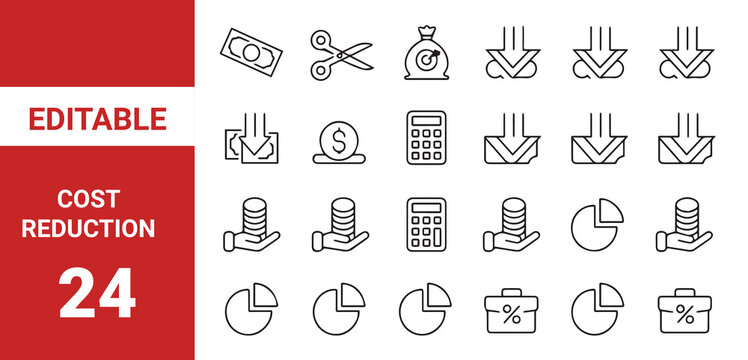 Cost Reduction icon set.Inflation collections editable stroke outline web icons set. Inflation rate, price increase, investment, energy, cost surge, 