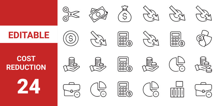 Cost Reduction icon set.Inflation collections editable stroke outline web icons set. Inflation rate, price increase, investment, energy, cost surge, 