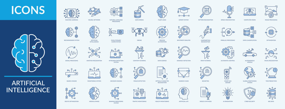 Artificial Intelligence - Icon Collection. Thin Outline Blue Set contains such Icons as speech recognition, computer vision, image processing and more. Simple web icons set