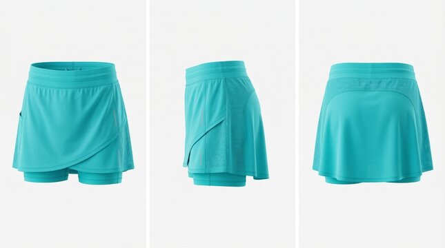 Three views of a turquoise athletic skort isolated on a white background.