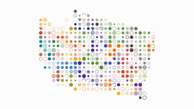 Washington animation. Shape of the state with pulsating colored dots. Large size circle blocks. Digital style map on white background. Amazing video.