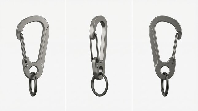 Three different views of a silver carabiner with a key ring against a white background.