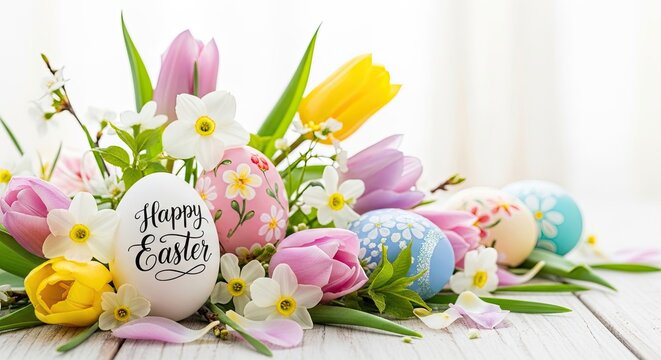 A vibrant Easter display features colorful tulips, daffodils, and painted Easter eggs arranged on a rustic wooden surface. The words "Happy Easter" are prominently displayed on a white egg.