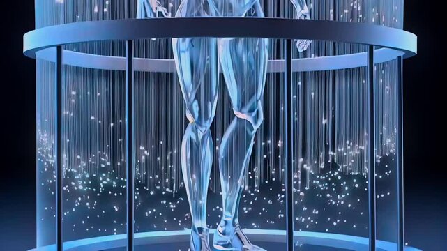 Crystalline subject in revival pod under cascading light and particle veil, translucent body glimmering with nanotech shimmer regeneration sequence visualized on reconstitution platform