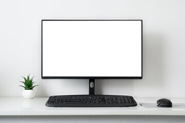 Computer Monitor Blank Display Screen with Flower Pot,keyboard, workplace desktop