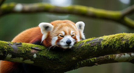 Obraz premium Red panda resting on a mossy tree branch in forest