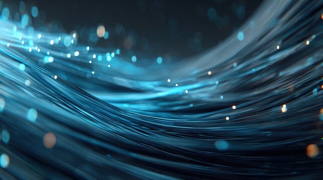 Abstract glowing fiber optic cables carrying data illuminated with blue light