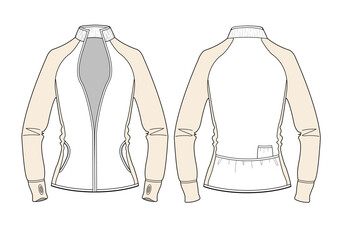 Women’s raglan sleeve anorak front and back view vector template technical design by adobe illustrator. © Clothing Design