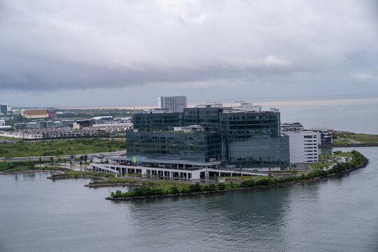 Makassar, Indonesia - February 14, 2026: Modern architecture of UPT Vertikal Hospital building in Center Point of Indonesia (CPI) reclamation area, Losari Beach, South Sulawesi.
